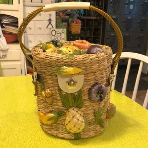 Vintage Straw Raffia Purse Beach Bag w/Fruit & Turn Lock Closure